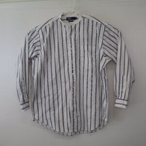 Polo Ralph Lauren Mens XL Band Collar Shirt White Blue Striped Long Sleeve West